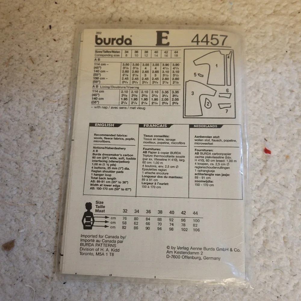 Burda 4457 Coat Sewing Pattern Women 8-18 Multi-Size New Sealed Vintage 90s